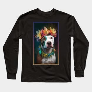 American Staffordshire Terrier Pitbull Vibrant Tropical Flower Tall Digital Oil Painting Portrait  8 Long Sleeve T-Shirt